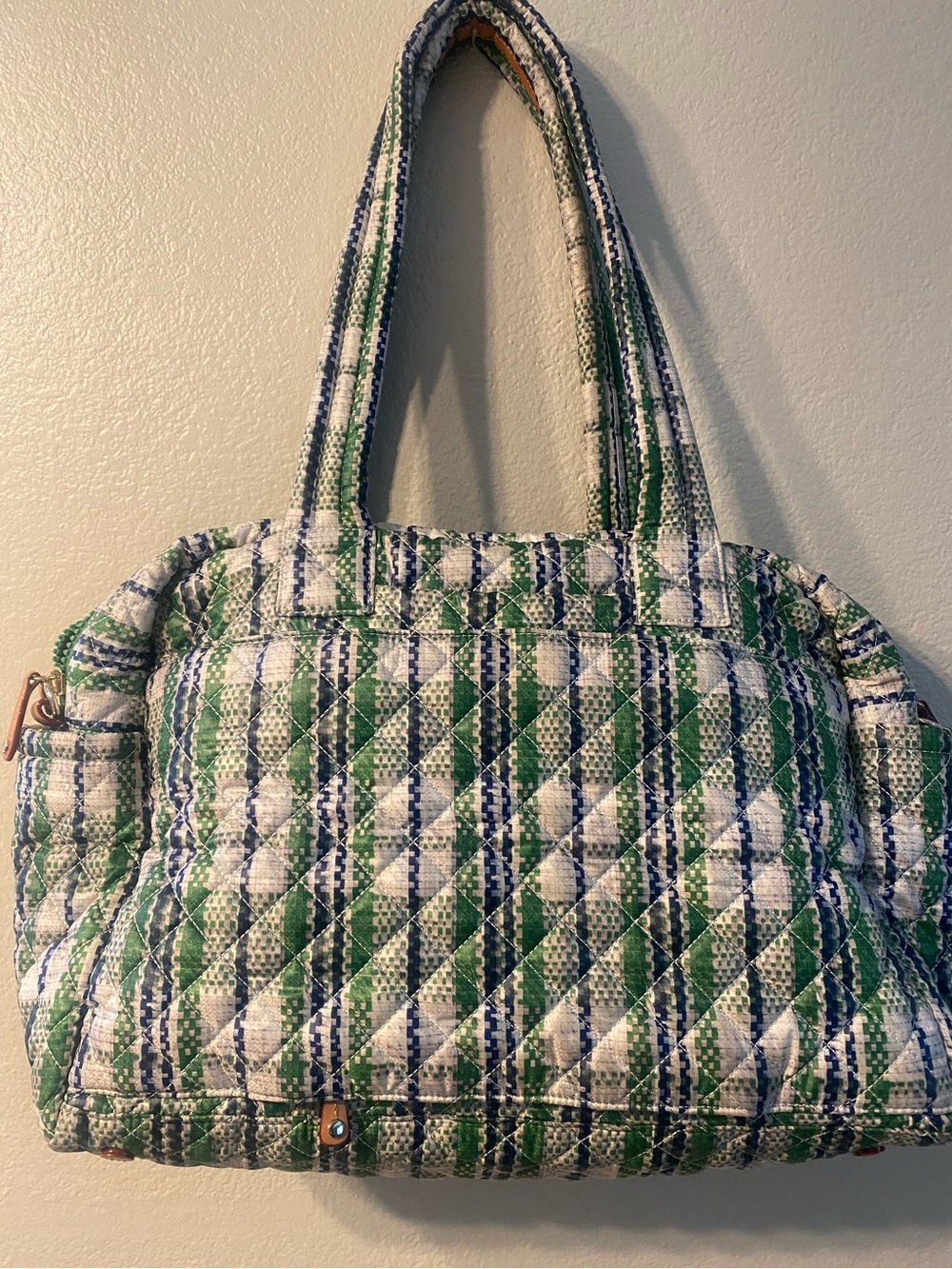 MZ Wallace Spring Plaid Gren Blue Quilted Nik Duffel Travel Bag - Picture 2 of 14